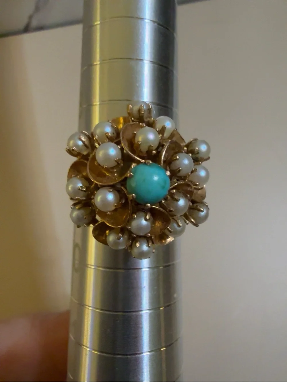 Vintage 14K Gold Pearl & Natural Turquoise Floral Cluster Ring